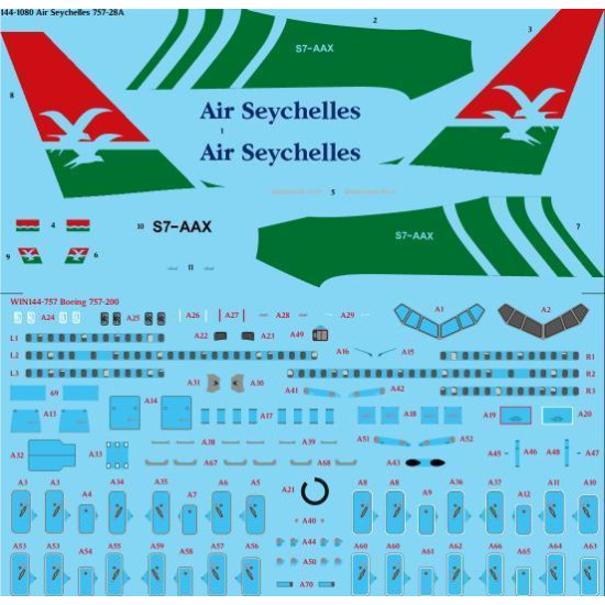 26Decals 144-1080 1/144 Air Seychelles 757-28A laser decal with screen print details - for Zvezda kit