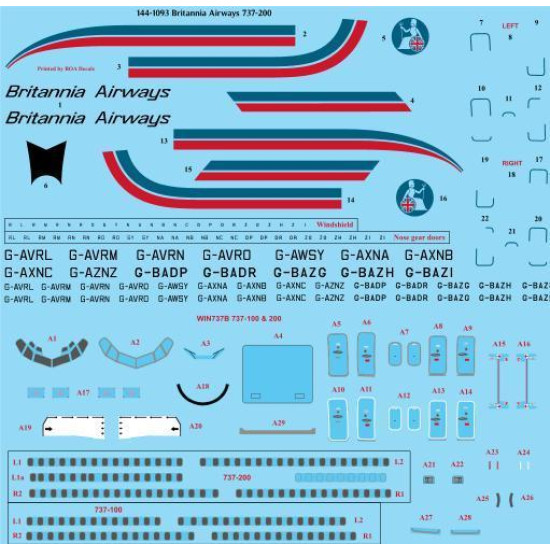 26Decals 144-1093 1/144 Britannia Airways 70s 737-200 laser decal with screen print details