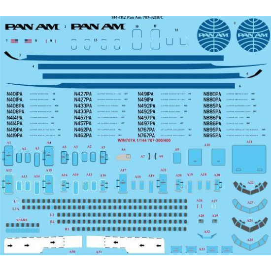 26Decals 144-1112 1/144 Pan Am Boeing 707-321B/C Laser decal with screen print details