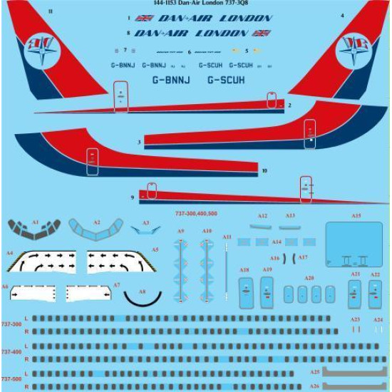 26Decals 144-1153 1/144 Dan-Air London 737-300 laser decal with screen print details