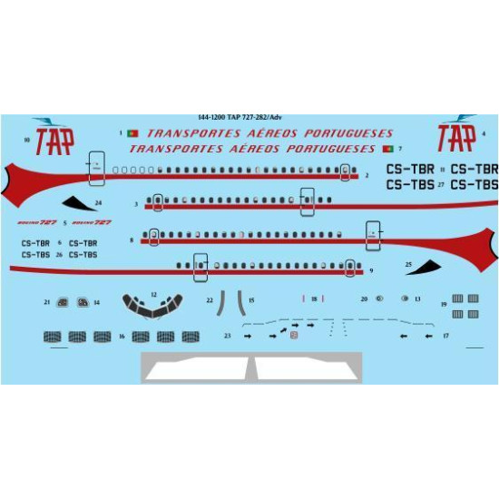 26Decals 144-1200 1/144 TAP delivery Boeing 727-282/Adv laser decal