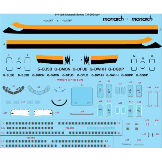 26Decals 144-1218 1/144 Monarch 737-200/Adv laser decal with screen print details 26Decals 144-1218 1/144 Monarch 737-200/Adv laser decal with screen print details