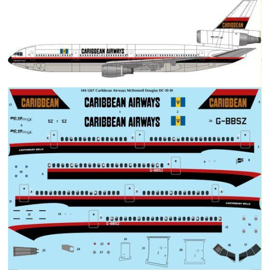 26Decals 144-1267 1/144 Caribbean Airways McDonnell Douglas DC-10-10 laser decal
