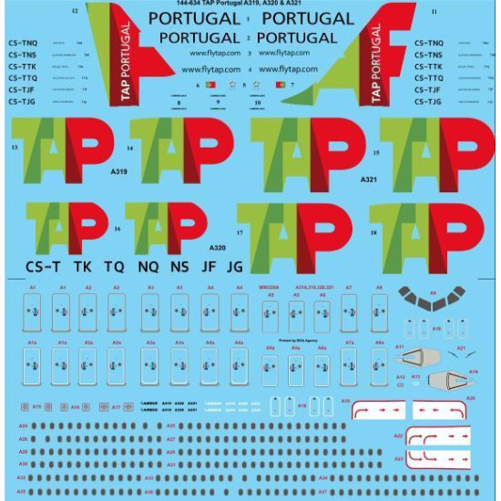 26Decals 144-634 1/144 TAP Air Portugal Airbus A319,A320,A321 laser decal with screen print details