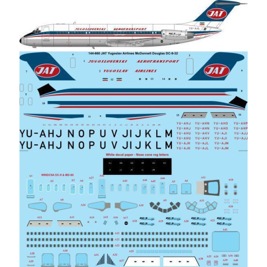 26Decals 144-660 1/144 JAT Yugoslav Airlines McDonnell Douglas DC-9-32 laser decal with screen print details 26Decals 144-660 1/144 JAT Yugoslav Airlines McDonnell Douglas DC-9-32 laser decal with screen print details
