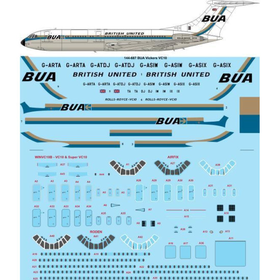 26Decals 144-687 1/144 BUA British United Vickers VC10 laser decal with screen print details - for Airfix kit