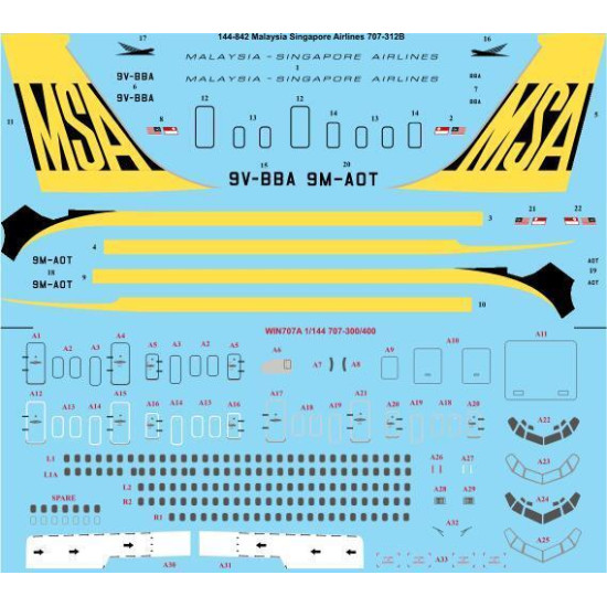 26Decals 144-842 1/144 Malaysia Singapore Airlines Boeing 707-312B laser decal with screen print details