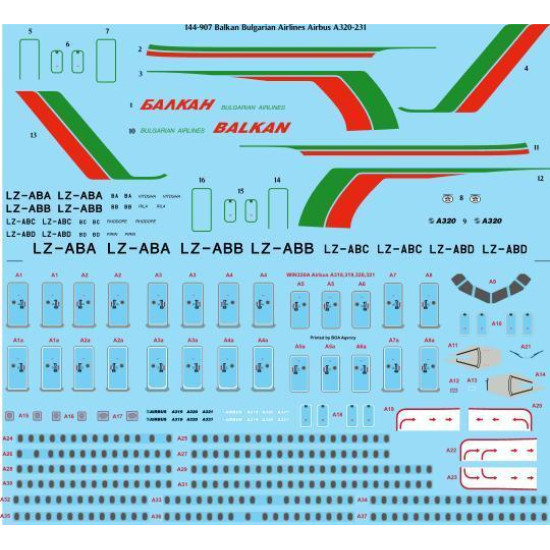 26Decals 144-907 1/144 Balkan Bulgarian Airlines Airbus A320-231 laser decal with screen print details