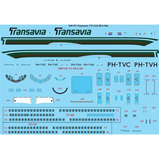 26Decals 144-971 1/144 Transavia 737-200 laser decal with screen print details