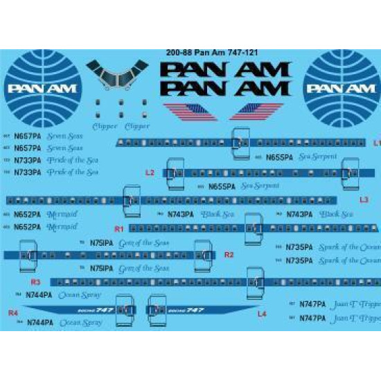 26Decals 200-88 1/200 Pan Am Late Boeing 747-121 laser decal - 1/200 Scale