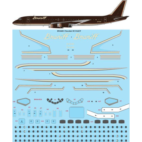 26Decals BN14401 1/144 Braniff Ultra Chocolate Douglas DC-8-62 Screen printed decal 26Decals BN14401 1/144 Braniff Ultra Chocolate Douglas DC-8-62 Screen printed decal