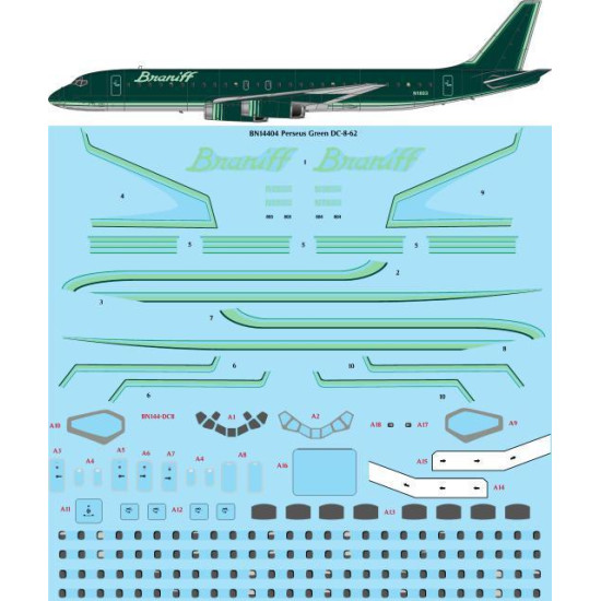 26Decals BN14404 1/144 Braniff Ultra Perseus Green Douglas DC-8-62 Screen printed decal 26Decals BN14404 1/144 Braniff Ultra Perseus Green Douglas DC-8-62 Screen printed decal