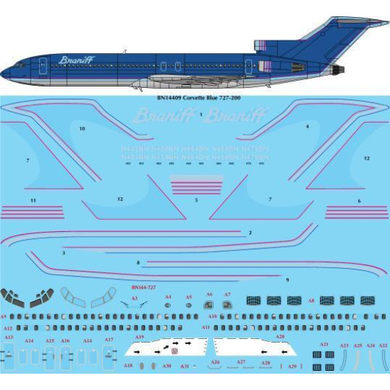 26Decals BN14409 1/144 Braniff Ultra Corvette Blue Boeing 727-200 Screen printed decal 26Decals BN14409 1/144 Braniff Ultra Corvette Blue Boeing 727-200 Screen printed decal