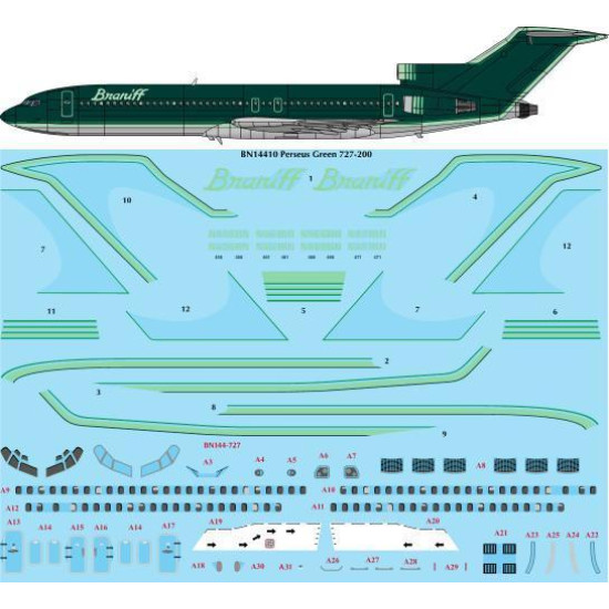 26Decals BN14410 1/144 Braniff Ultra Perseus Green Boeing 727-200 Screen printed decal 26Decals BN14410 1/144 Braniff Ultra Perseus Green Boeing 727-200 Screen printed decal