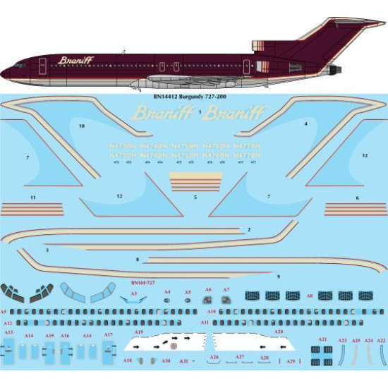 26Decals BN14412 1/144 Braniff Ultra Burgundy Boeing 727-227 Screen printed decal 26Decals BN14412 1/144 Braniff Ultra Burgundy Boeing 727-227 Screen printed decal