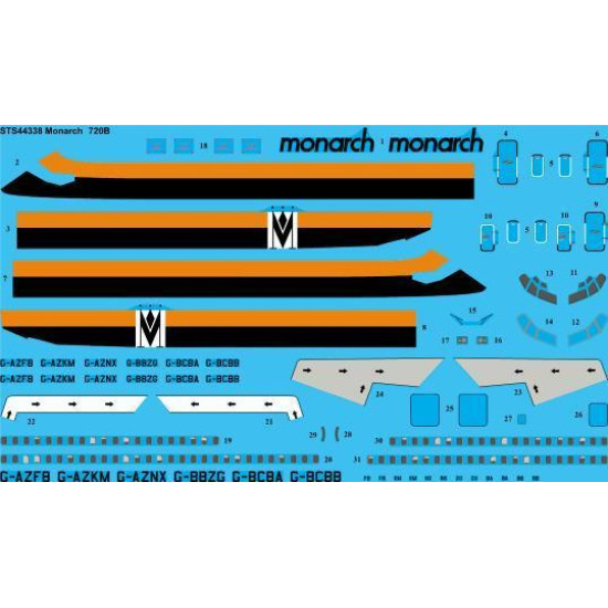 26Decals STS44338 1/144 Monarch 720B screen printed decal