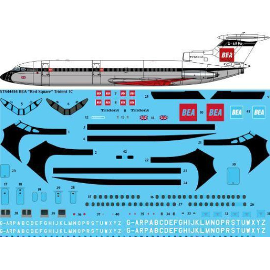 26Decals STS44414 1/144 BEA Red Square Hawker Siddeley Trident 1C screen printed decal 26Decals STS44414 1/144 BEA Red Square Hawker Siddeley Trident 1C screen printed decal