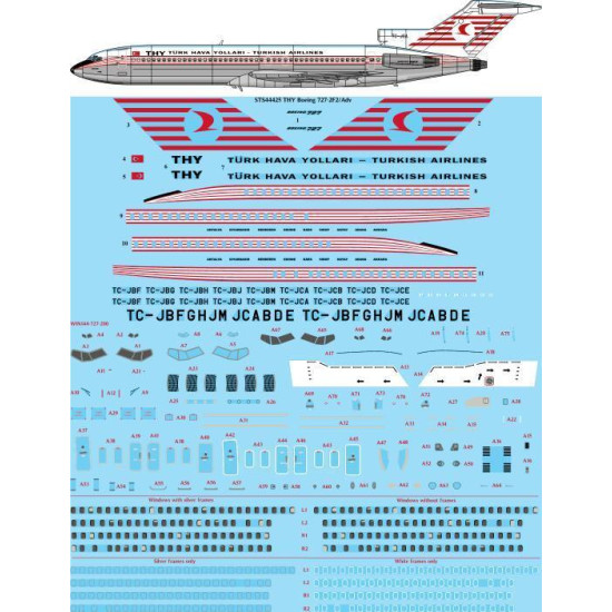 26Decals STS44424 1/144 THY Turkish Airlines Boeing 727-2F2/Adv Screen printed decal 26Decals STS44424 1/144 THY Turkish Airlines Boeing 727-2F2/Adv Screen printed decal