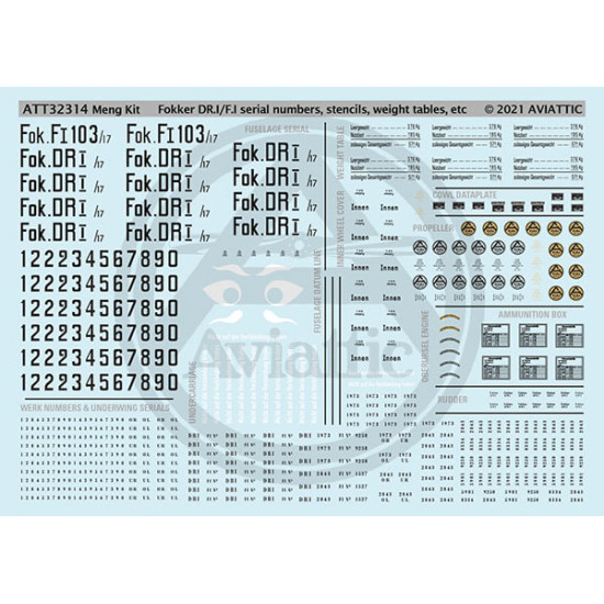 Aviattic ATT32314 1/32 Fokker F.I/DR.I serial numbers stencils weight tables