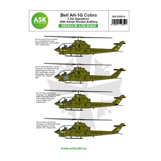 Ask D32014 1/32 Bell Ah-1g Cobra 20th Aerial Rocket Artilery Part 1 Decal