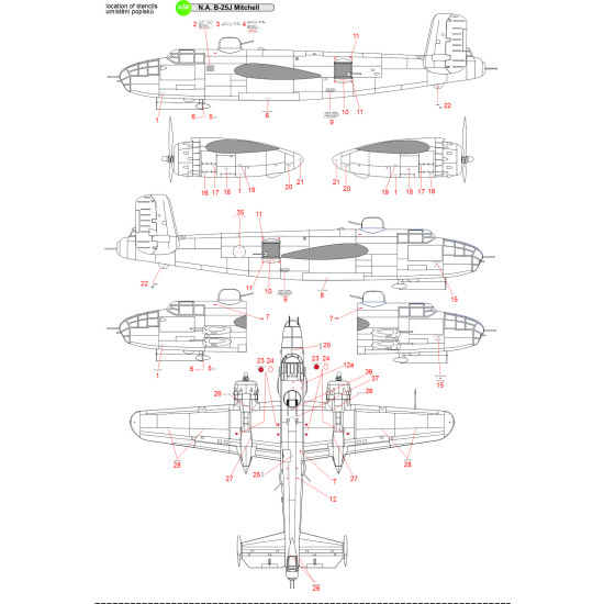 Ask D32026 1/32 North American B-25j Mitchell Stencils Aircraft Decal