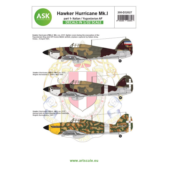 Ask D32027 1/32 Hawker Hurricane Mk.i Part 1 - Italian Af And Jugoslavia Af Decal