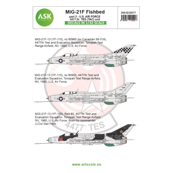 Ask D32077 1/32 Mig-21f-13 Fishbed Part 2 - Us Air Force Tes Tac Unit Decal