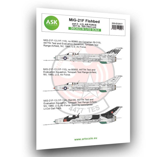 Ask D32077 1/32 Mig-21f-13 Fishbed Part 2 - Us Air Force Tes Tac Unit Decal