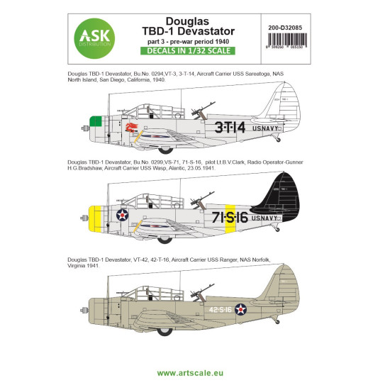 Ask D32085 1/32 Douglas Tbd-1 Devastator Part 3 - Pre-war Period 1940 Decal