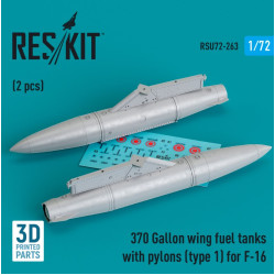 Reskit Rsu72-0263 1/72 370 Gallon Wing Fuel Tanks With Pylons Type1 For F16 2 Pcs 3d Printed