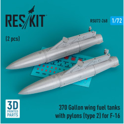 Reskit Rsu72-0268 1/72 370 Gallon Wing Fuel Tanks With Pylons Type2 For F16 2pcs 3d Printed
