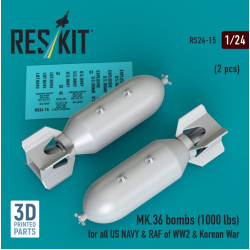 Reskit Rs24-0015 1/24 Mk36 Bombs 1000 Lbs For All Us Navy Raf Of Ww2 Korean War 2 Pcs 3d Printed