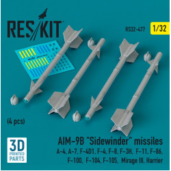 Reskit Rs32-0477 1/32 Aim9b Sidewinder Missiles 4 Pcs A4 A7 F4d1 F4 F8 F3h F11 F86 F100 F104 F105 Mirage Iii Harrier 3d Printed