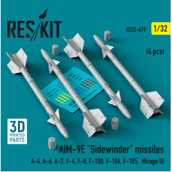 Reskit Rs32-0479 1/32 Aim 9e Sidewinder Missiles 4 Pcs A4 A6 A7 F4 F8 F100 F104 F105 Mirage Iii 3d Printed