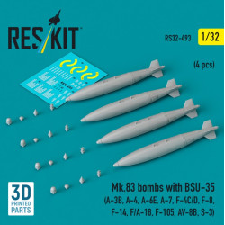 Reskit Rs32-0493 1/32 Mk83 Bombs With Bsu-35 4 Pcs A-3b A-4 A-6e A-7 F-4c/D F-8 F-14 F/A-18 F-105 Av-8b S-3 3d Printed