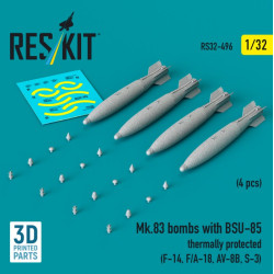 Reskit Rs32-0496 1/32 Mk83 Bombs With Bsu-85 Thermally Protected 4 Pcs F-14 F/A-18 Av-8b S-3 3d Printed
