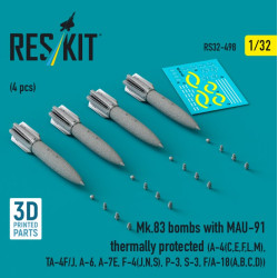 Reskit Rs32-0498 1/32 Mk83 Bombs With Mau-91 Thermally Protected 4pcs A-4 C E F L M Ta-4f/J A-6 A-7e F-4 J N S P-3 S-3 F/A-18 A B C D 3d Printed