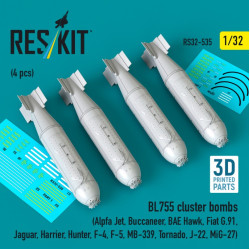 Reskit Rs32-0535 1/32 Bl755 Cluster Bombs 4pcs Alpfa Jet Buccaneer Bae Hawk Fiat G91 Jaguar Harrier Hunter F-4 F-5 Mb-339 Tornado J-22 Mig-27 3d Printed