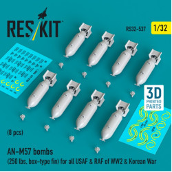 Reskit Rs32-0537 1/32 An-m57 Bombs 250 Lbs Box-type Fin For All Usaf Raf Of Ww2 Korean War 8 Pcs 3d Printed