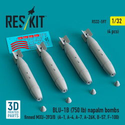 Reskit Rs32-0597 1/32 Dummy Resin Kit Blu-1b 750 Lb Napalm Bombs Finned Mxu-393/B 4 Pcs