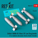 Reskit Rs48-0511 1/48 British 1000lb He-blast Gp Low Drag Bombs 4pcs F-4 Canberra Buccaneer Harrier Hunter Tornado 3d Printed