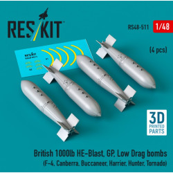 Reskit Rs48-0511 1/48 British 1000lb He-blast Gp Low Drag Bombs 4pcs F-4 Canberra Buccaneer Harrier Hunter Tornado 3d Printed