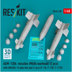 Reskit Rs48-0538 1/48 Agm-130a Missiles 2 Pcs Mk84 Warhead With An/Axq-14 Data Link Pod 1 Pcs F-16i F-15e F-111f 3d Printed