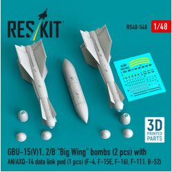 Reskit Rs48-0540 1/48 Gbu-15 V1 2/B Big Wing Bombs 2pcs With An/Axq-14 Data Link Pod 1pcs F-4 F-15e F-16i F-111 B-52 3d Printed