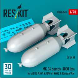 Reskit Rs48-0548 1/48 Mk36 Bombs 2pcs 1000 Lbs For All Us Navy Raf Of Ww2 Korean War 3d Printed