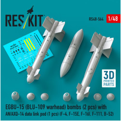 Reskit Rs48-0564 1/48 Egbu-15 Blu-109 Warhead Bombs 2pcs With An/Axq-14 Data Link Pod 1pcs F-4 F-15e F-16i F-111 B-52 3d Printed