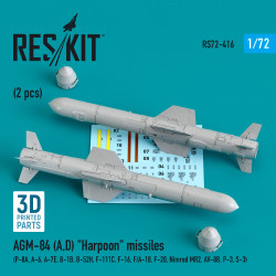 Reskit Rs72-0416 1/72 Agm-84 A D Harpoon Missiles 2 Pcs P-8a A-6 A-7 B-1b B-52h F-111c F-16 F/A-18 F-20 Nimrod Mr2 Av-8b P-3 S-3 3d Printing