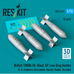 Reskit Rs72-0511 1/72 British 1000lb He-blast Gp Low Drag Bombs 4 Pcs F-4 Canberra Buccaneer Harrier Hunter Tornado 3d Printed