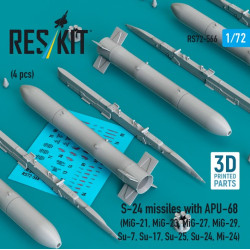 Reskit Rs72-0566 1/72 S-24 Missiles With Apu-68 4 Pcs Mig-21 Mig-23 Mig-27 Mig-29 Su-7 Su-17 Su-25 Su-24 Mi-24 3d Printed