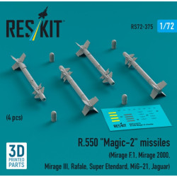 Reskit Rs72-0375 1/72 R.550 Magic-2 Missiles 4 Pcs Mirage F.1 Mirage 2000 Mirage Iii Rafale Super Etendard Mig-21 Jaguar 3d Printed